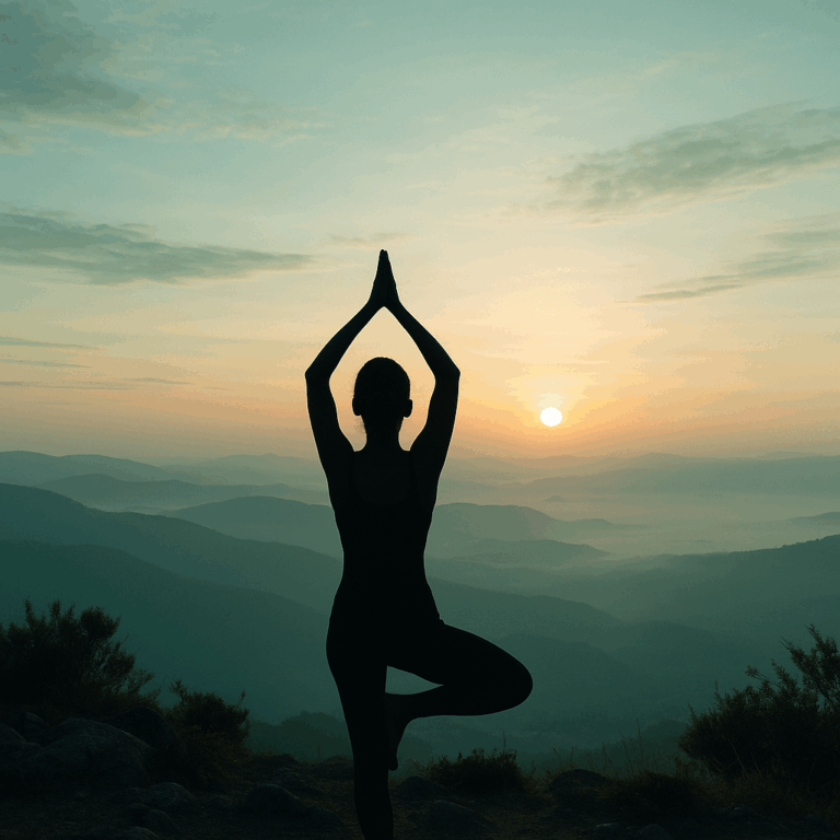 Eine Frau in der Baum-Asana schaut auf einen Sonnenuntergang.
