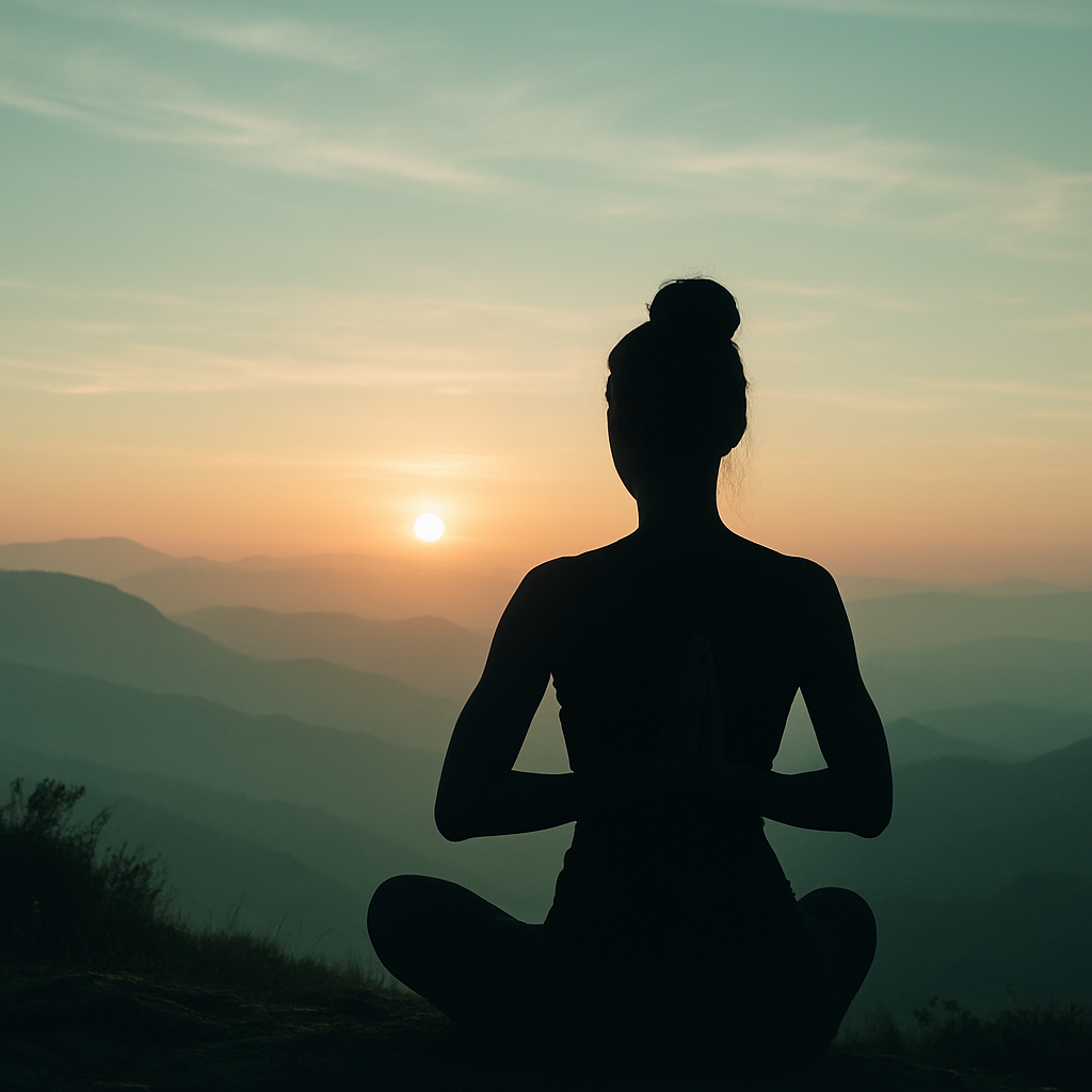 Eine Frau im Schneidersitz schaut auf einen Sonnenuntergang.