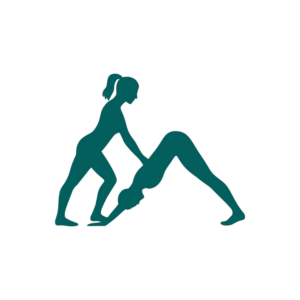 Eine VAYANA Grafik von einer Yoga-Lehrerin, die einem Yoga-Schüler im herabschauenden Hund hilft.