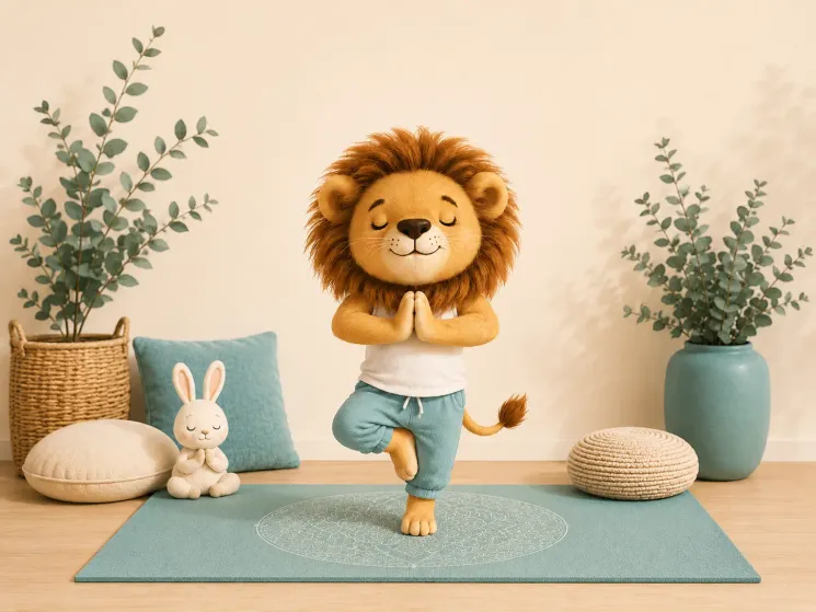 Ein Löwe macht Yoga auf einer Yogamatte.
