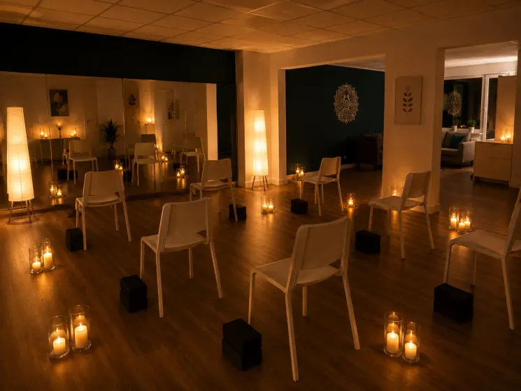 Das VAYANA-Yoga-Studio, in dem Stühle und weitere Yoga-Utensilien vor einer Spiegelwand aufgestellt sind.
