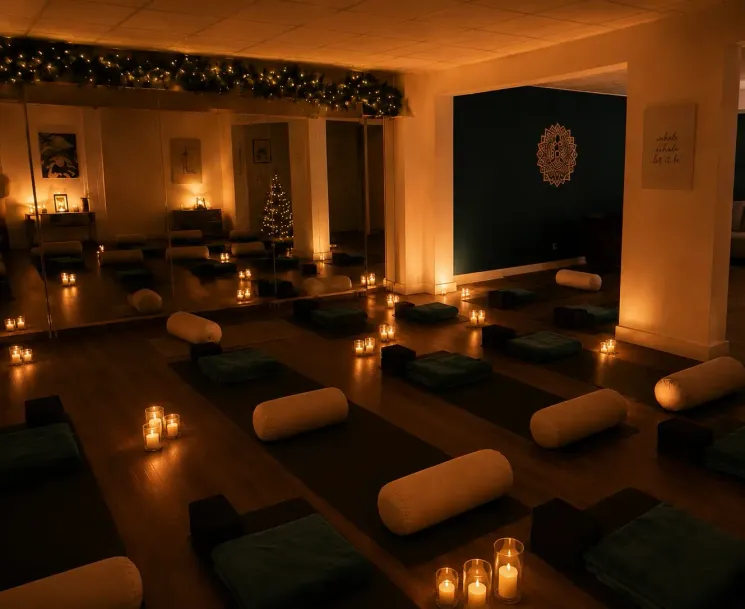 Das VAYANA-Yoga-Studio, in dem Matten und weitere Yoga-Utensilien vor einer Spiegelwand ausgelegt sind.