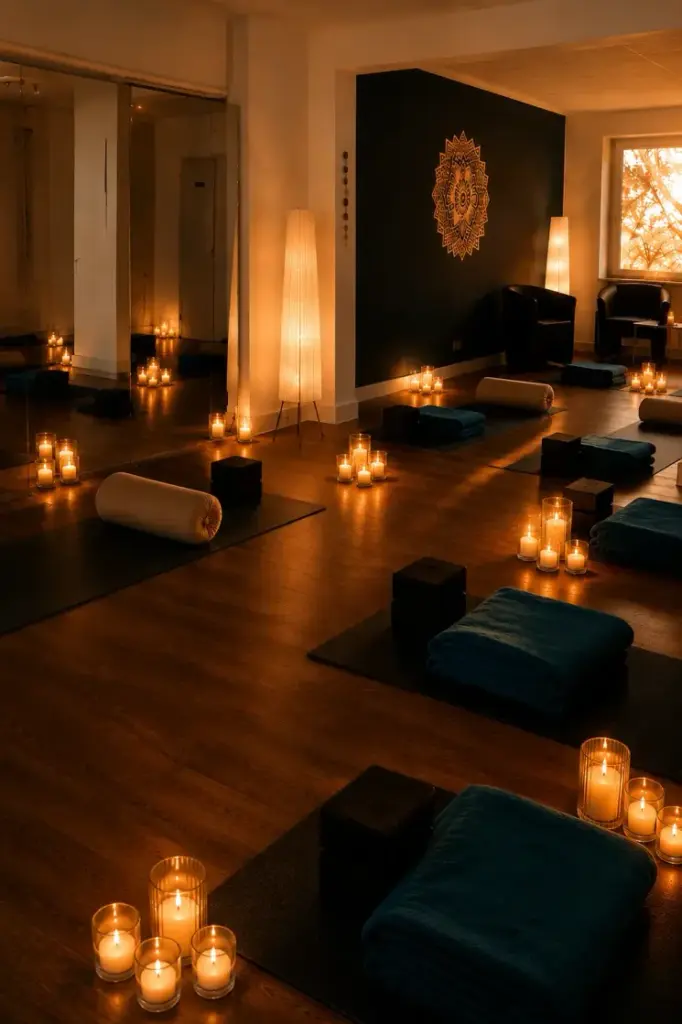 Das VAYANA-Yoga-Studio, in dem Matten und weitere Yoga-Utensilien vor einer Spiegelwand ausgelegt sind.