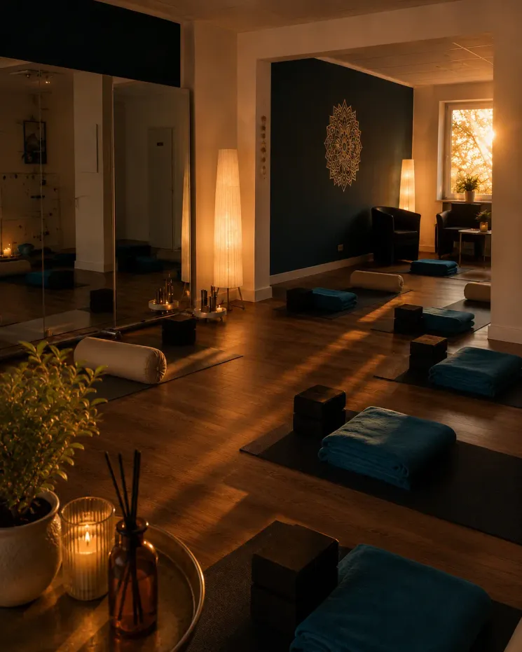 Das VAYANA-Yoga-Studio, in dem Matten und weitere Yoga-Utensilien vor einer Spiegelwand ausgelegt sind.