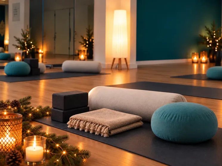 Das VAYANA-Yoga-Studio, in dem Weihnachtsdeko steht und Matten und weitere Yoga-Utensilien vor einer Spiegelwand ausgelegt sind.