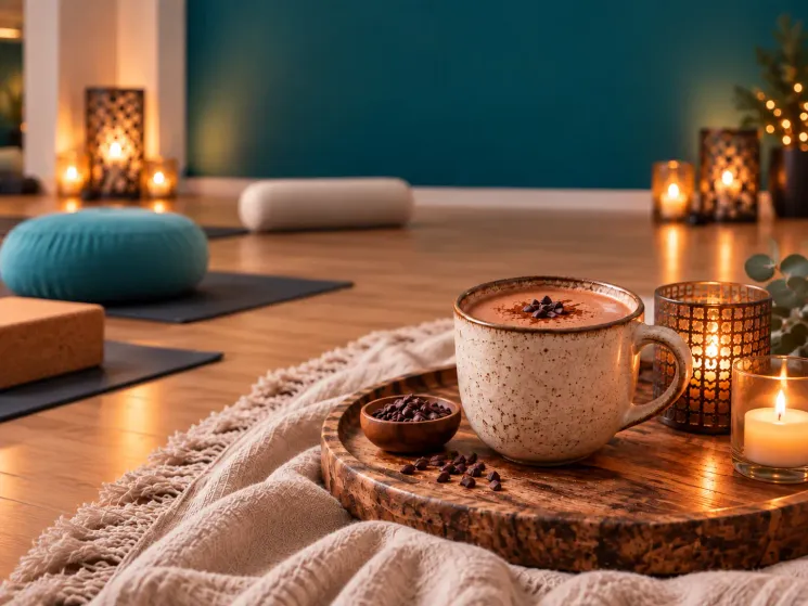 Das VAYANA-Yoga-Studio, in dem ein Tablett mit Kakao steht und Matten und weitere Yoga-Utensilien vor einer Spiegelwand ausgelegt sind.