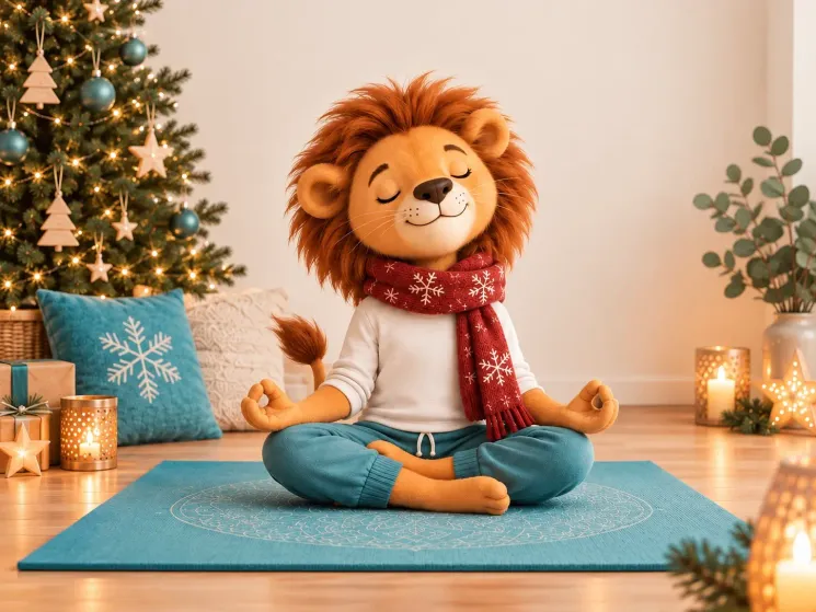 Ein Löwe meditiert auf einer Yogamatte vor Weihnachtsdeko.