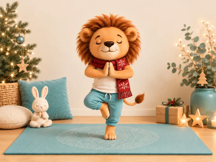 Ein Löwe macht Yoga auf einer Yogamatte vor Weihnachtsdeko.