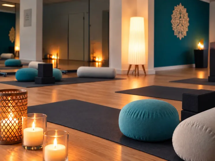 Das VAYANA-Yoga-Studio, in dem Matten und weitere Yoga-Utensilien vor einer Spiegelwand ausgelegt sind.